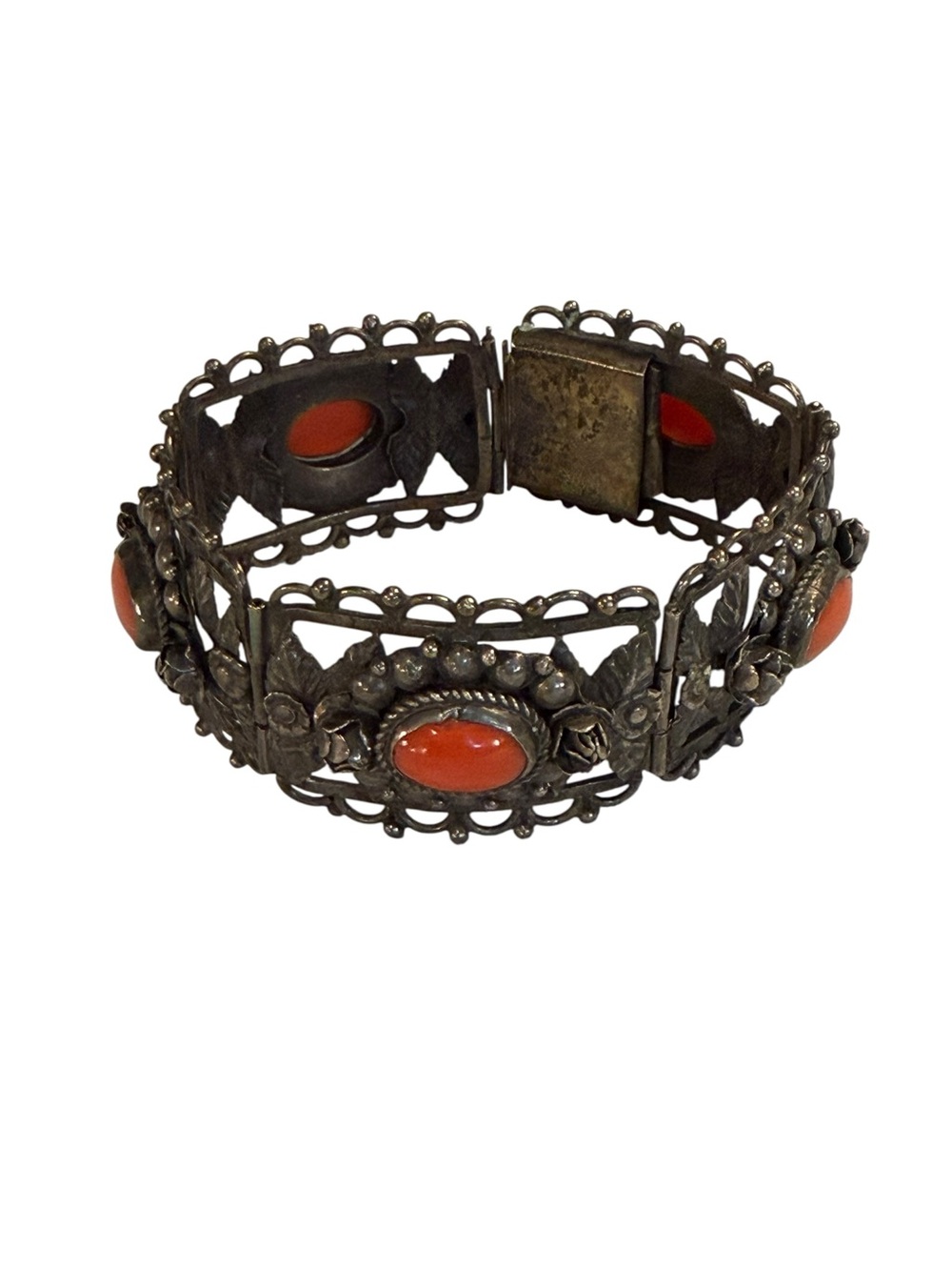 Vintage 1930's Etruscan Revival Franconeri Red Coral 800 Silver Hinged Bracelet - Picture 5 of 10